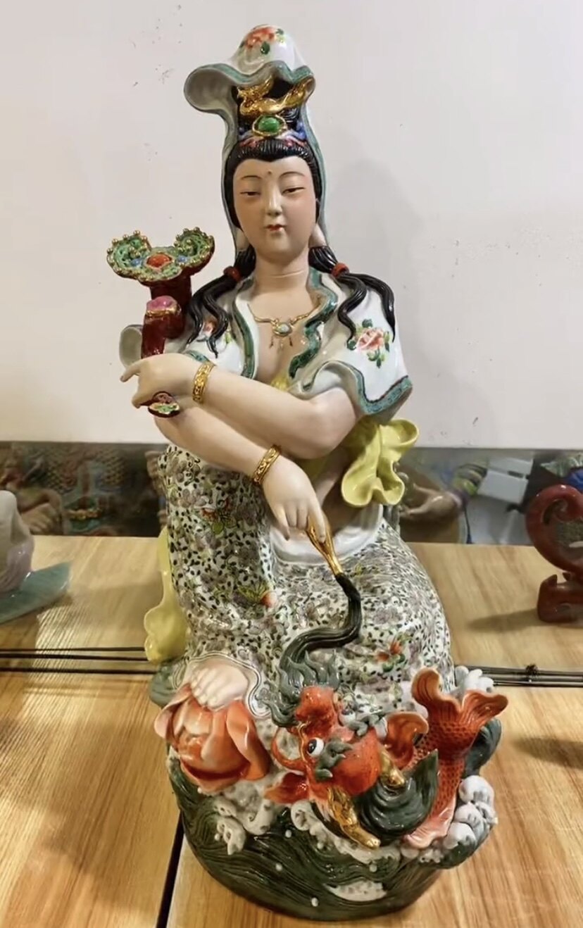 乘鳌龙观音菩萨佛像雕塑陶瓷自在观音摆件坐如意观世音供奉神像60