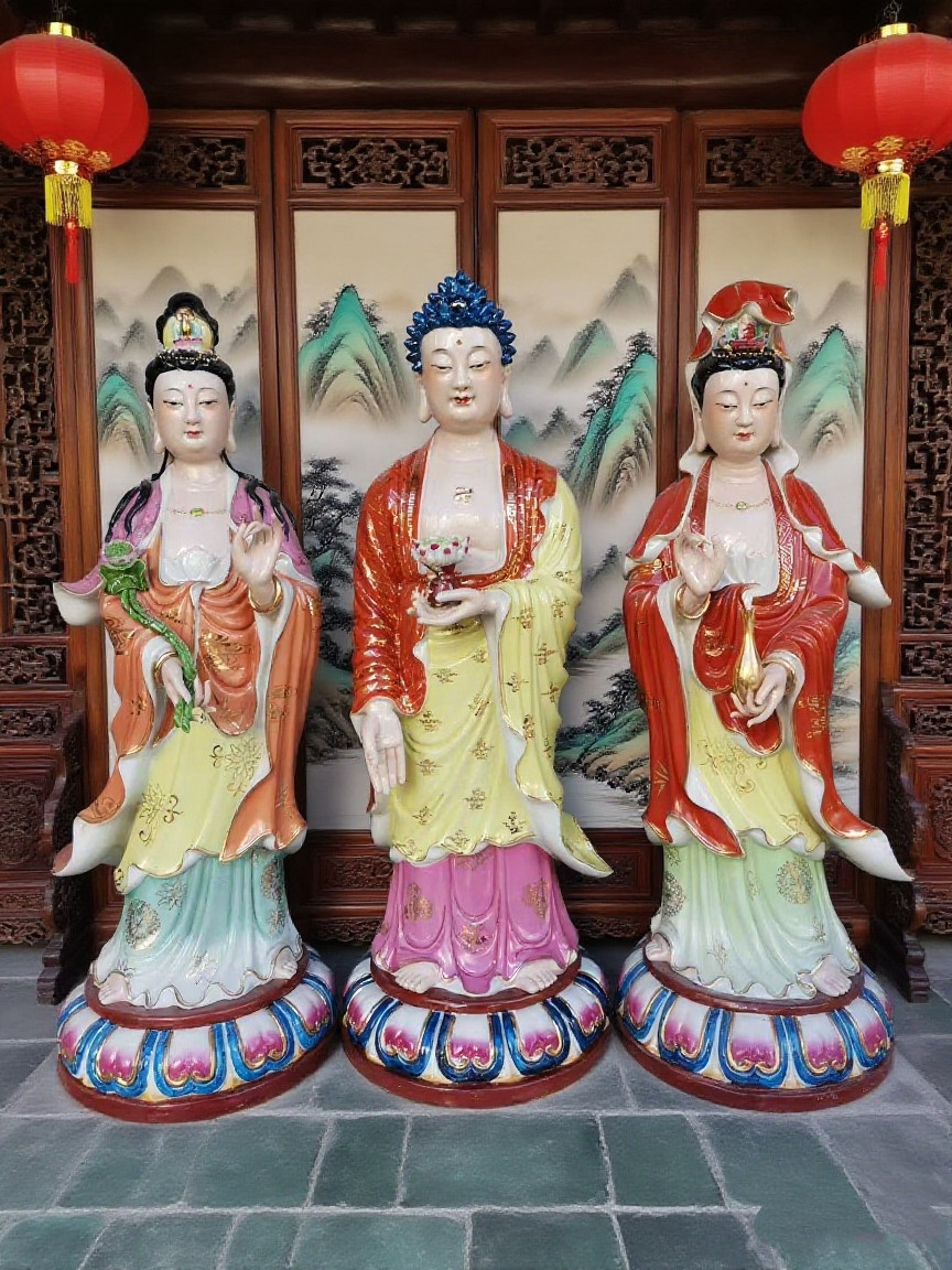 陶瓷西方三圣佛像观音菩萨家用站莲阿弥陀佛大势至菩萨像摆件60cm