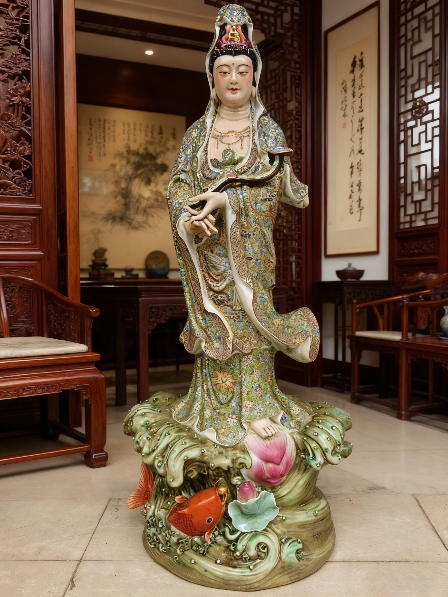 景德镇手工古彩雕塑陶瓷观音菩萨佛像如意荷花南海观世音摆件86cm