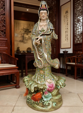 景德镇手工古彩雕塑陶瓷观音菩萨佛像如意荷花南海观世音摆件86cm