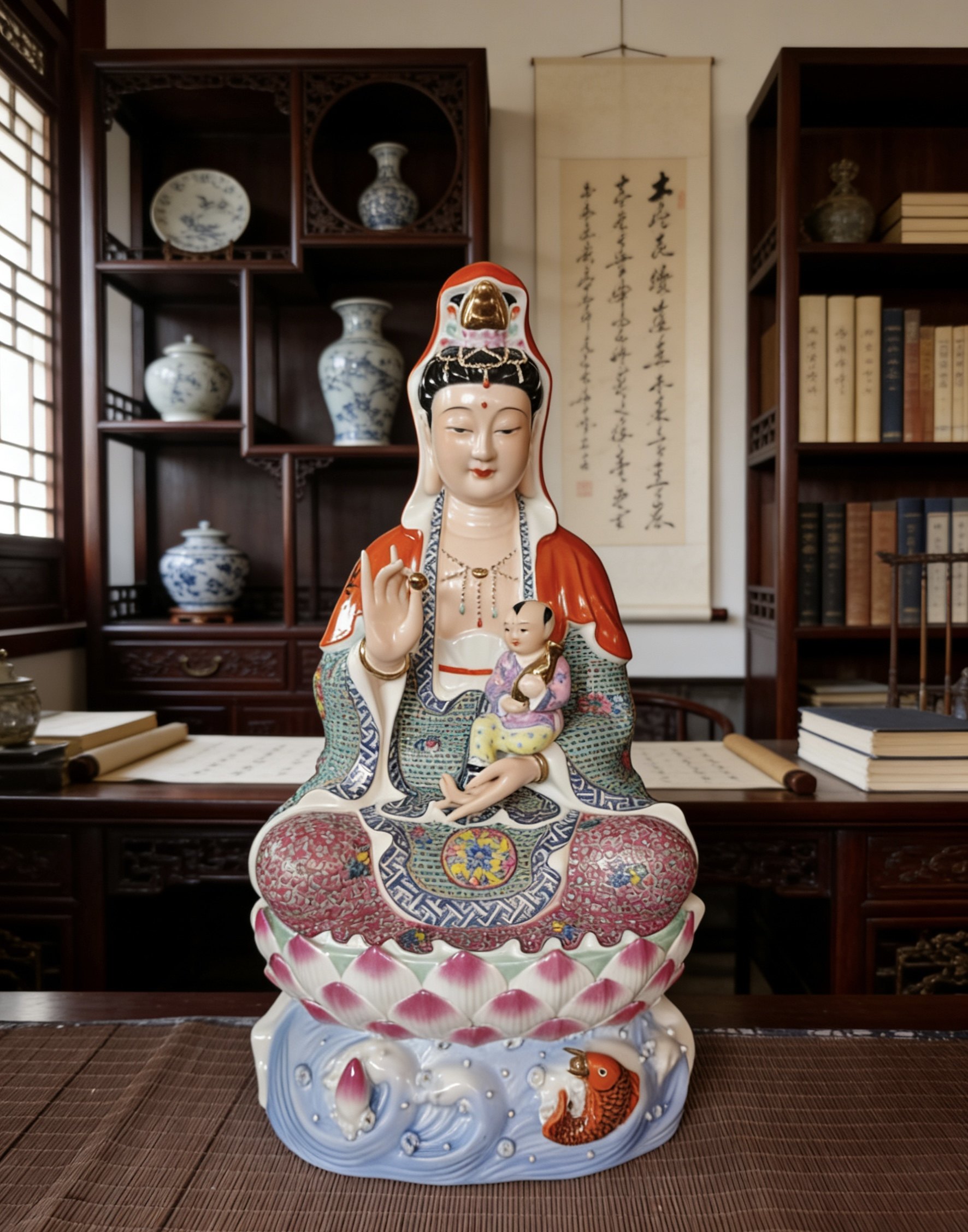 景德镇陶瓷手工雕塑神像观音菩萨送子娘娘供奉客厅佛堂装饰品53cm