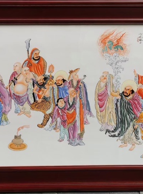 手绘瓷板画实木复古怀旧风景壁画中式客厅装饰画瓷画壁挂版画两米
