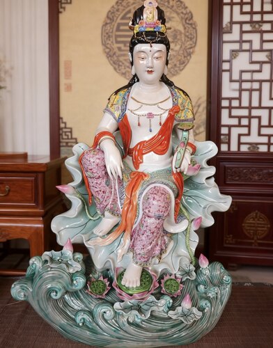 景德镇九莲观音瓷像摆件家用南海观音菩萨佛像客厅坐莲观世音60cm