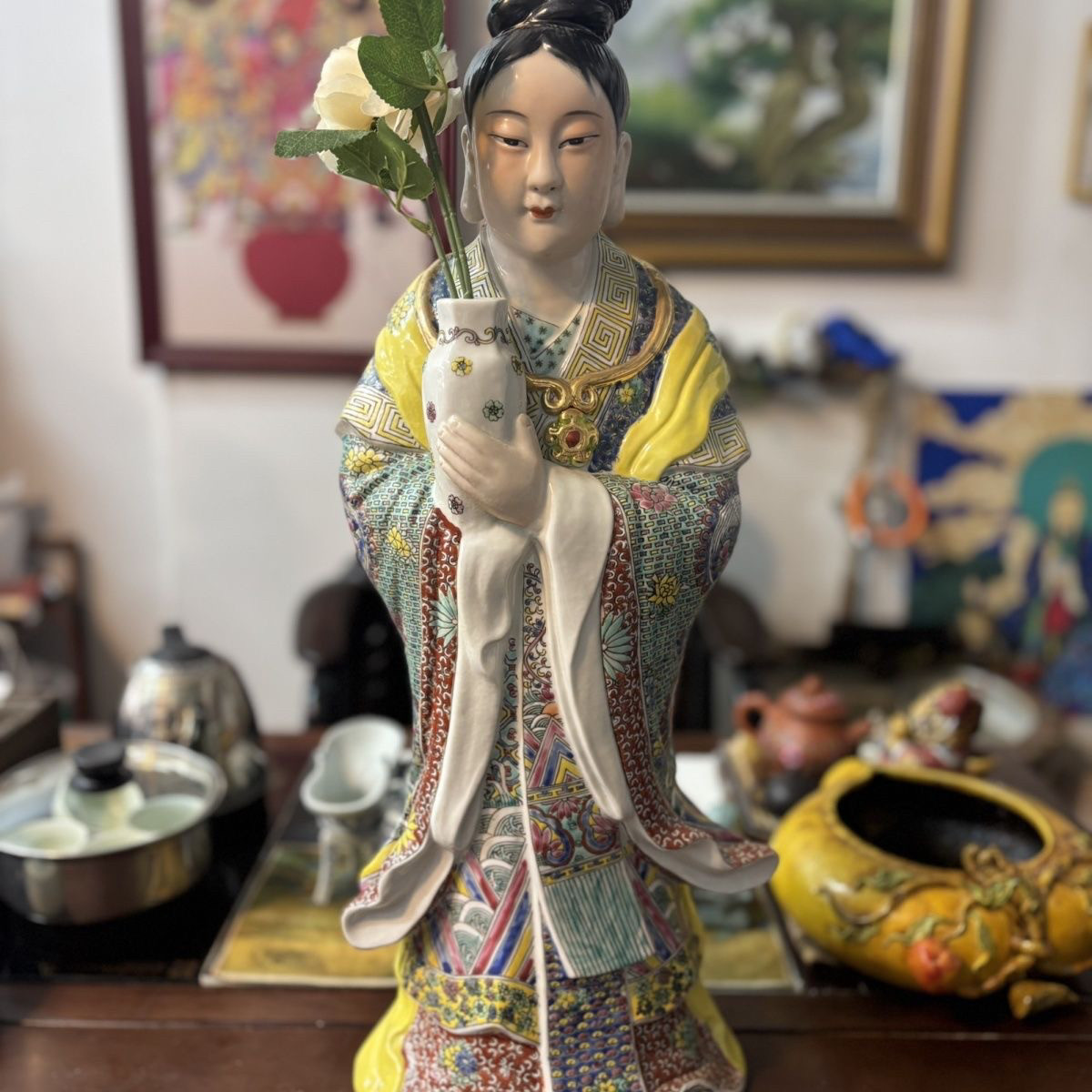 精品抱花瓶侍女美女尊像景德镇手工陶瓷器粉彩雕塑摆件高度60厘米