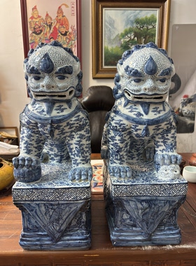 景德镇青花陶瓷陶瓷狮子一对祥云纹饰家用大门博古架仿古摆件50cm