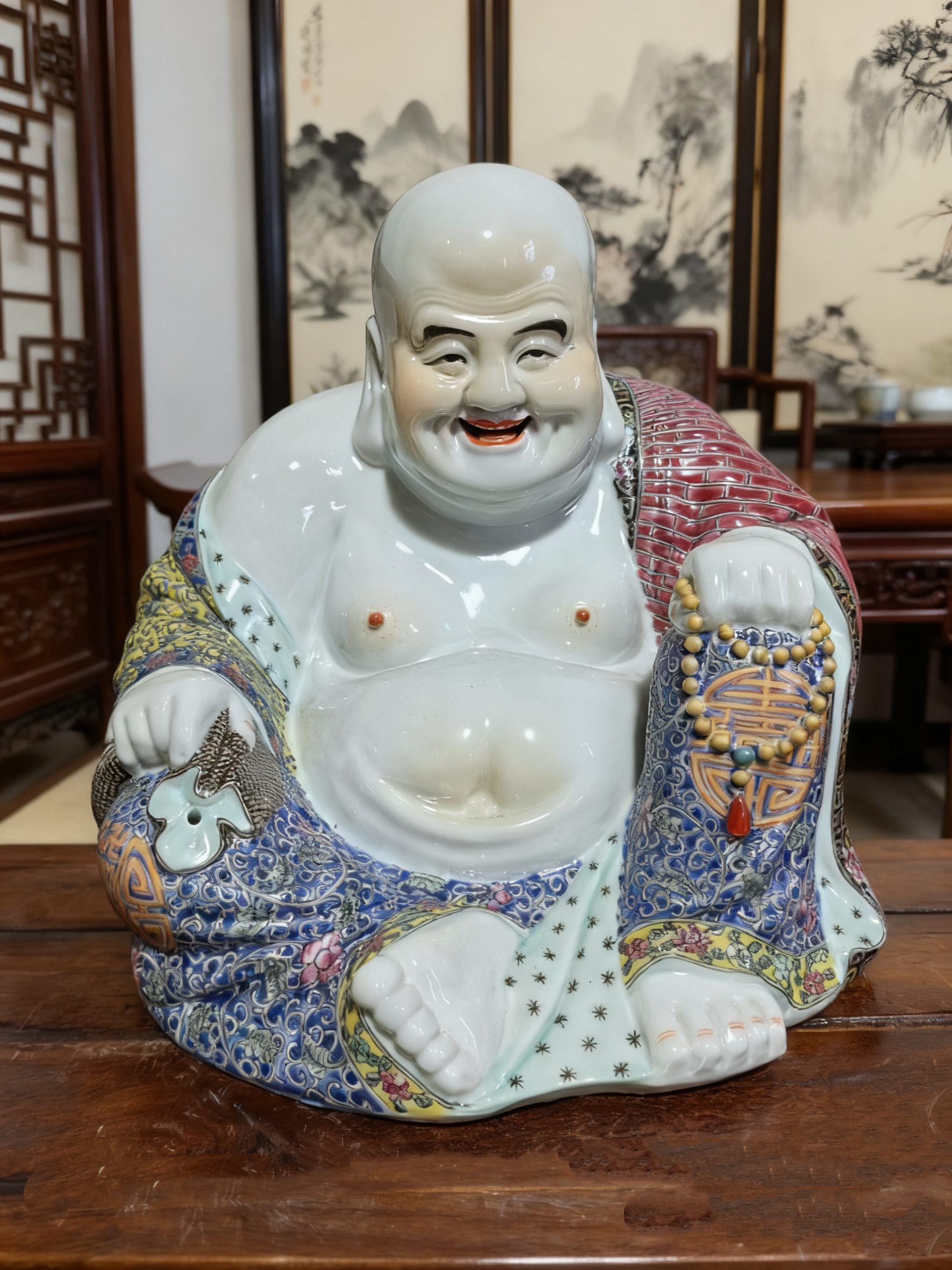 景德镇雕塑瓷布袋罗汉描金弥勒佛像魏洪泰造古瓷器古玩收藏摆件27