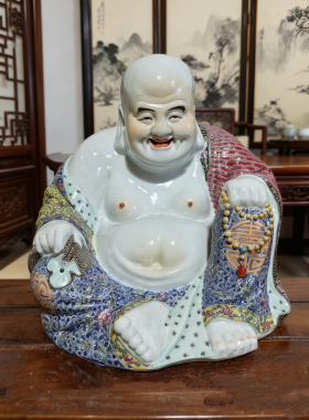 景德镇雕塑瓷布袋罗汉描金弥勒佛像魏洪泰造古瓷器古玩收藏摆件27