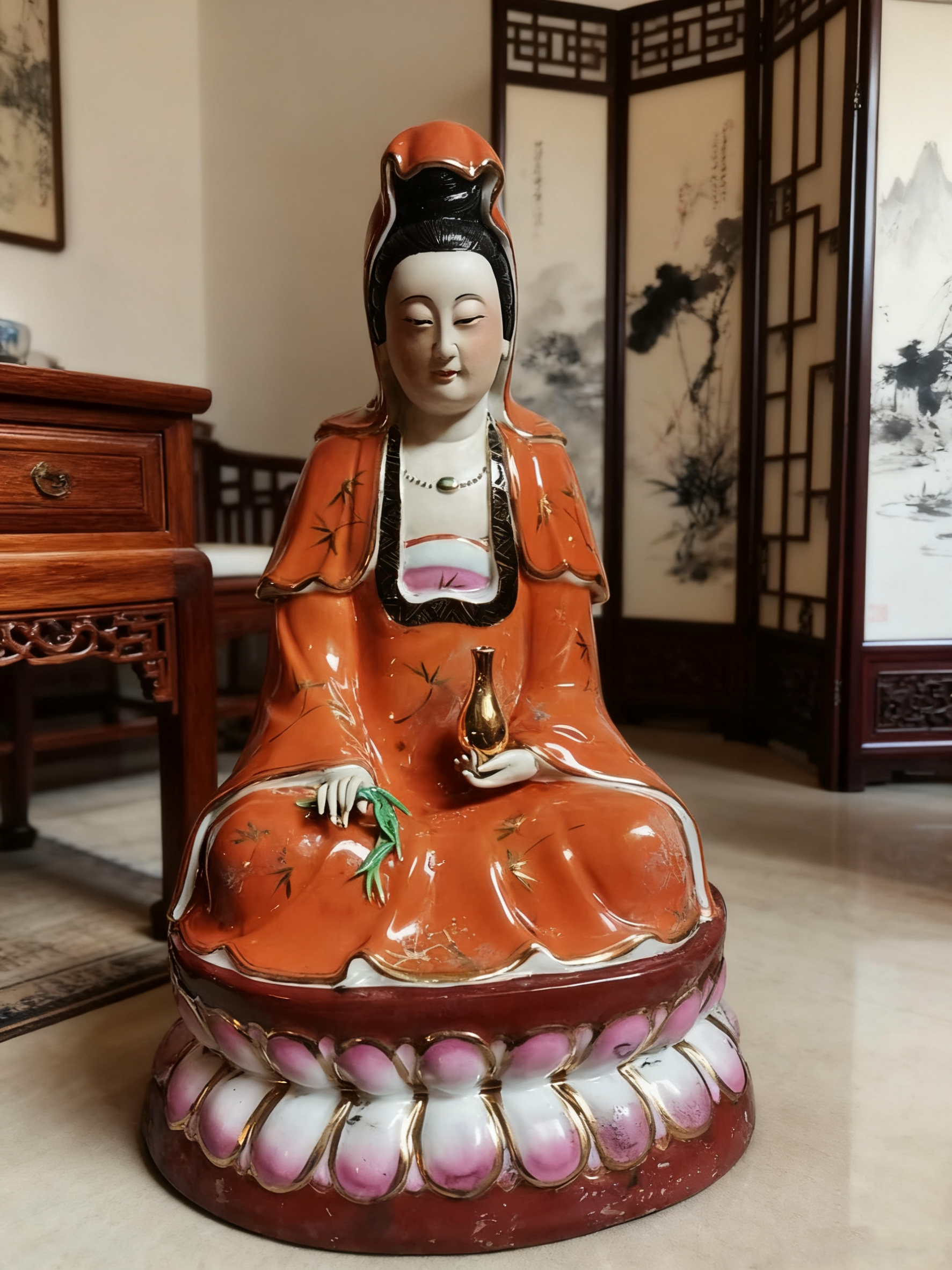 玉净瓶观音菩萨景德镇陶瓷器观世音家用神像佛像居家供奉摆件36cm