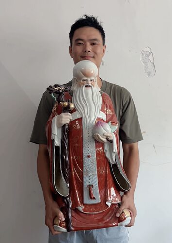 景德镇手工陶瓷寿星公摆件红釉描金寿桃家居供奉祝寿工艺雕塑75cm