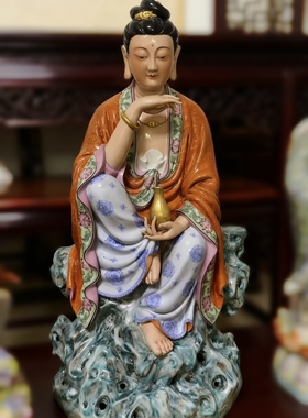 陶瓷净瓶水月自在观音佛像禅意中式客厅玄关摆件观世音菩萨像50cm