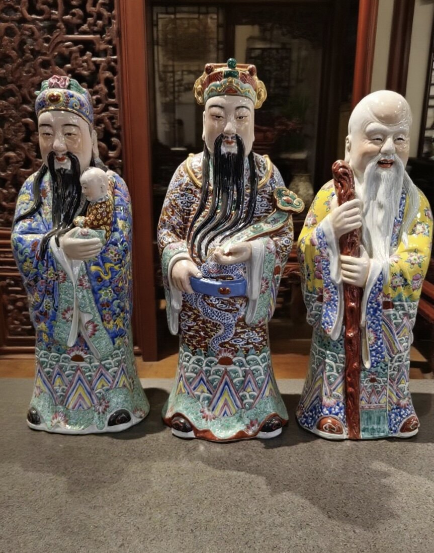 粉彩绘陶瓷福禄寿三星摆件财神像装饰摆件