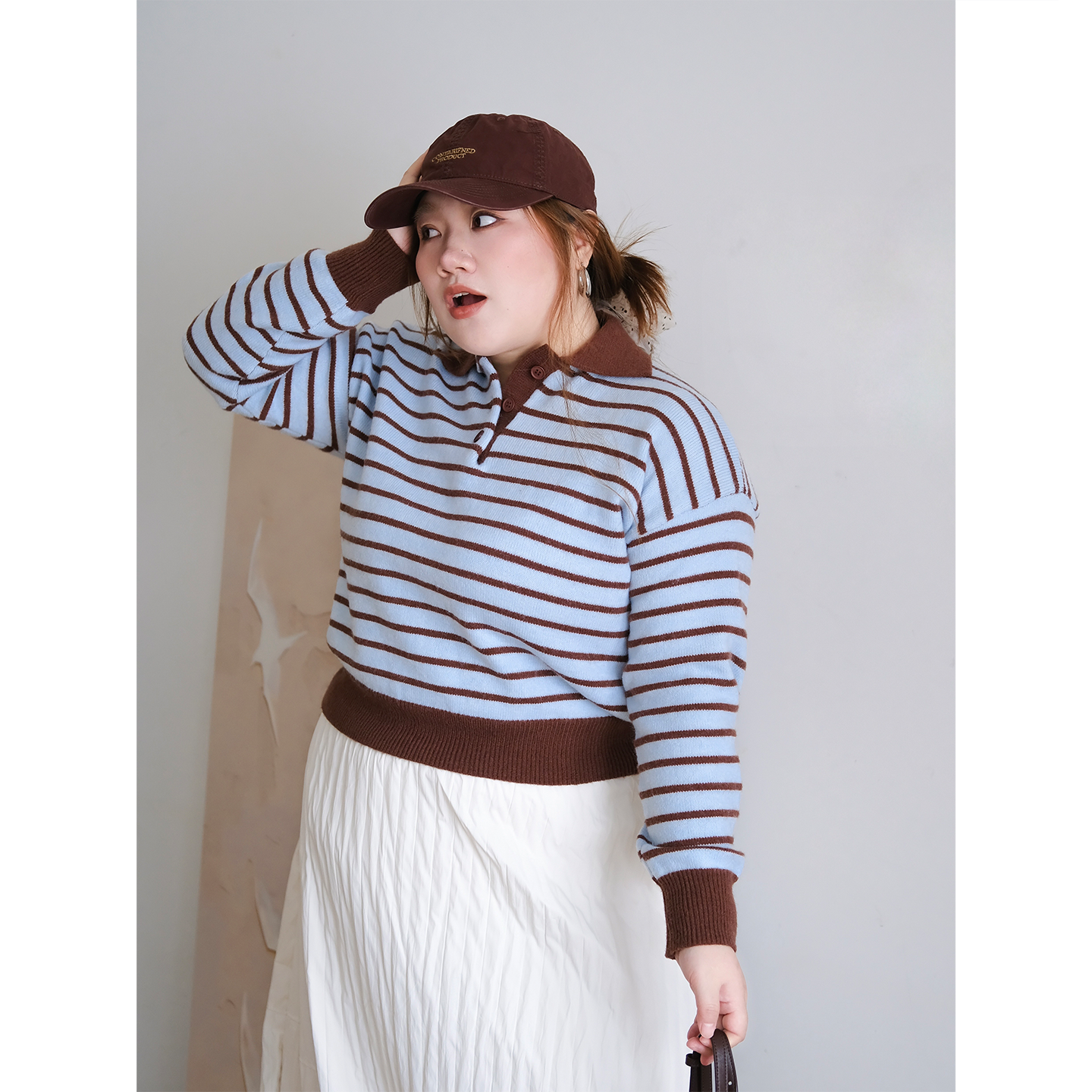 zooobaby10/20韩系简约条纹翻领Polo长袖针织衫女宽松显瘦上衣