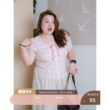 zooobaby07/18韩系甜美方领格子蝴蝶结短袖衬衫宽松显瘦上衣