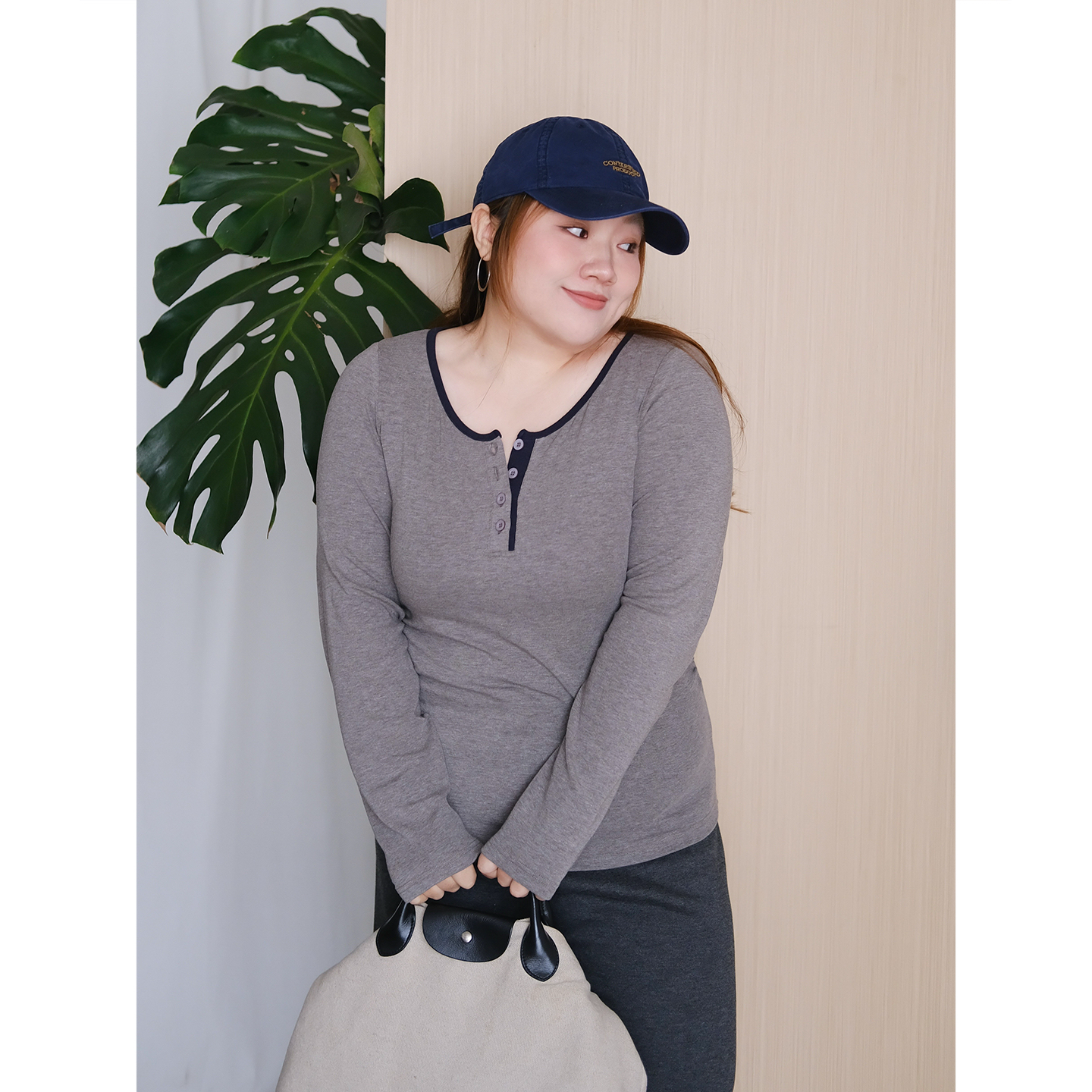 zooobaby11/09韩系简约撞色半开圆领长袖T恤女显瘦上衣打底衫