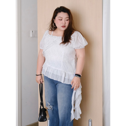 zooobaby05/06韩系简约气质波点不规则方领飘带衬衣短袖显瘦上衣