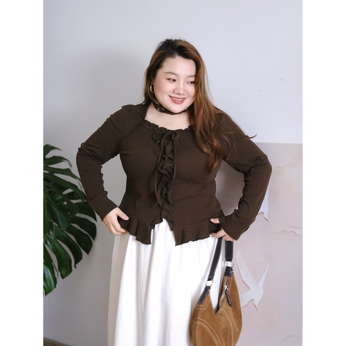 zooobaby10/14韩系木耳边设计感小众长袖T恤女宽松显瘦上衣
