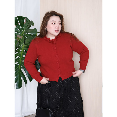 zooobaby12/24韩系简约圆领木耳边长袖针织开衫女显瘦毛衣外套