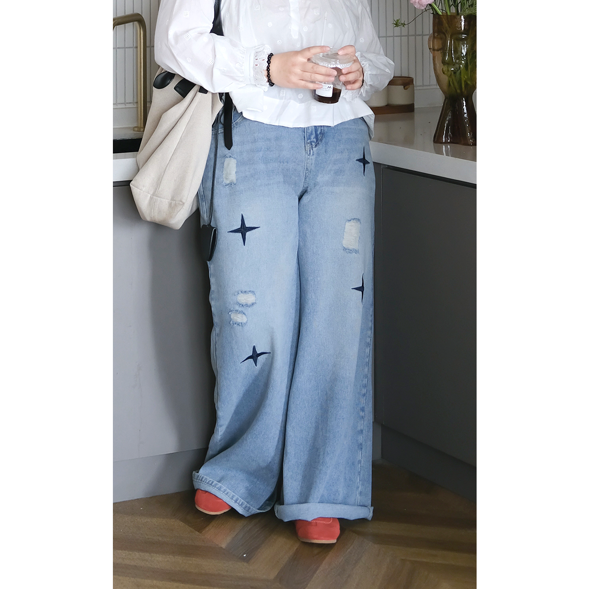 zooobaby03/03晚八点韩系刺绣破洞牛仔裤女高腰显瘦直筒阔腿裤