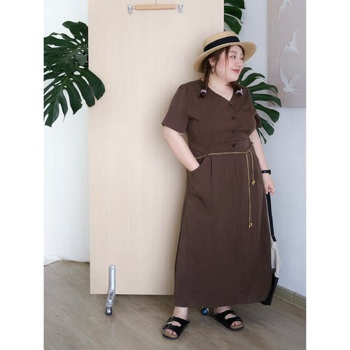 zooobaby07/18韩系纯色V领收腰显瘦连衣裙女中长款裙子
