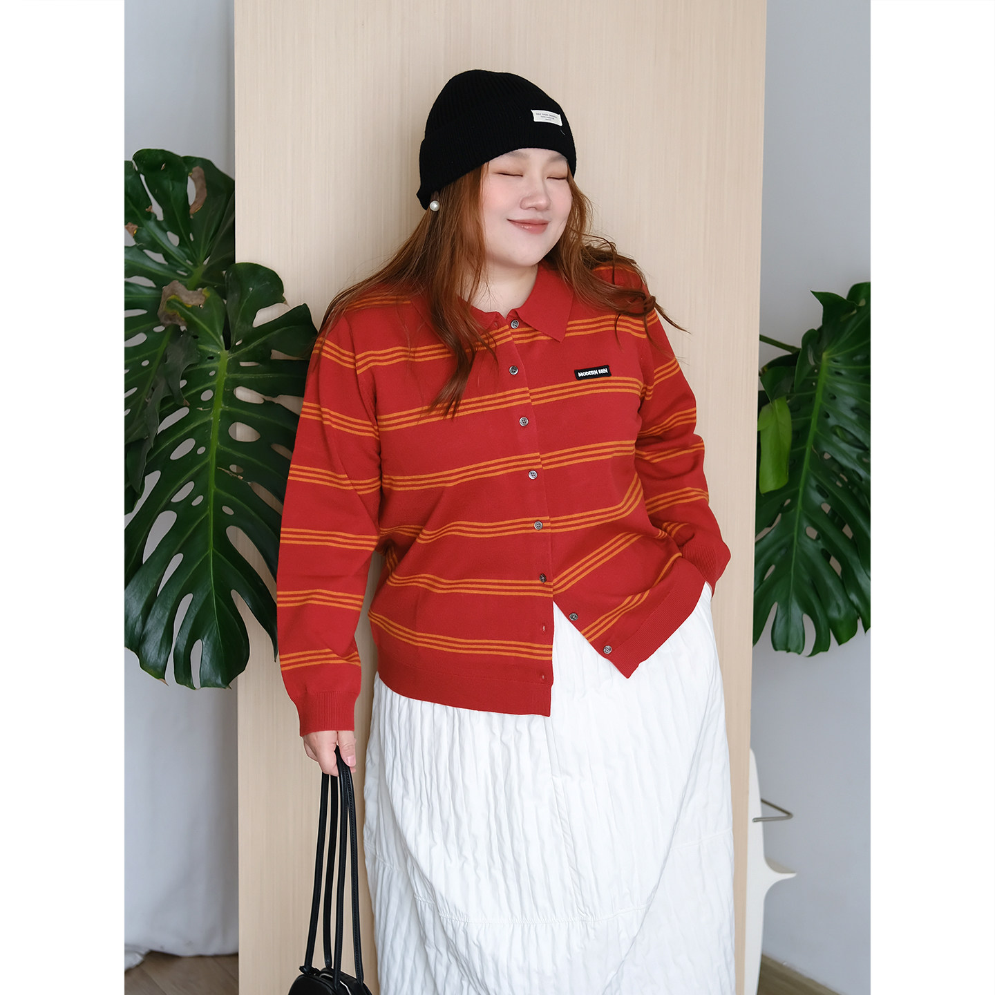 zooobaby12/08韩系简约橘红条纹翻领针织开衫女显瘦毛衣外套