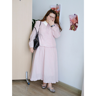 zooobaby09/08韩系简约条纹百搭娃娃领衬衫半身裙两件套装