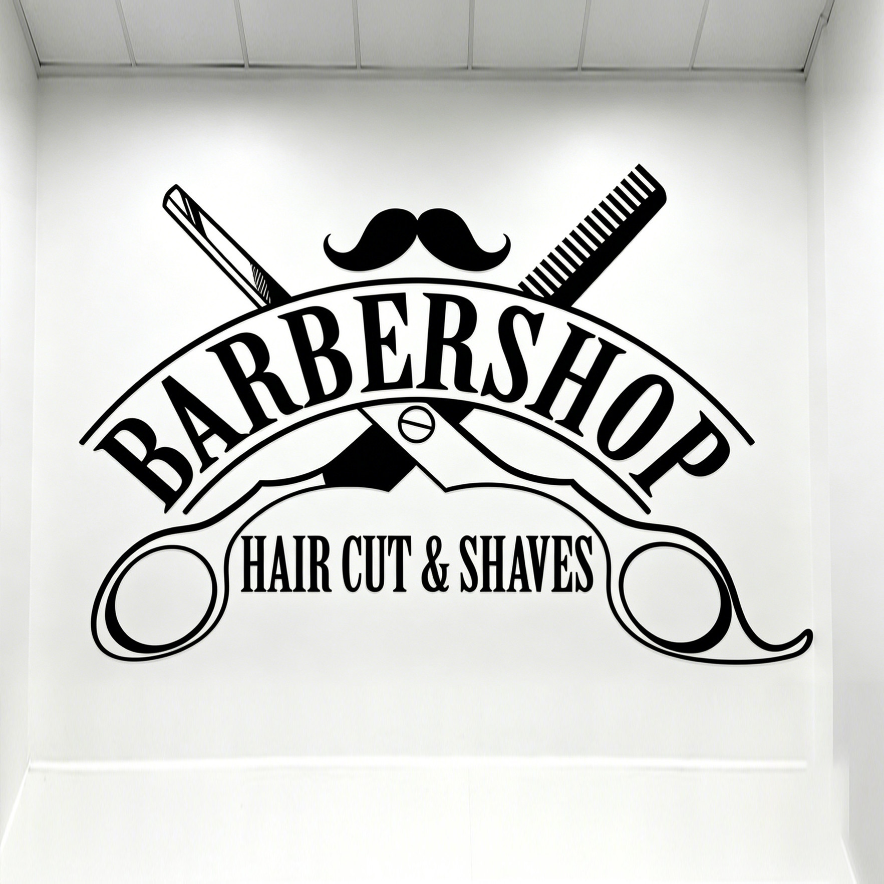 BARBERSHOP英文美发沙龙标志墙贴画剪刀理发店玻璃门窗装饰墙贴纸