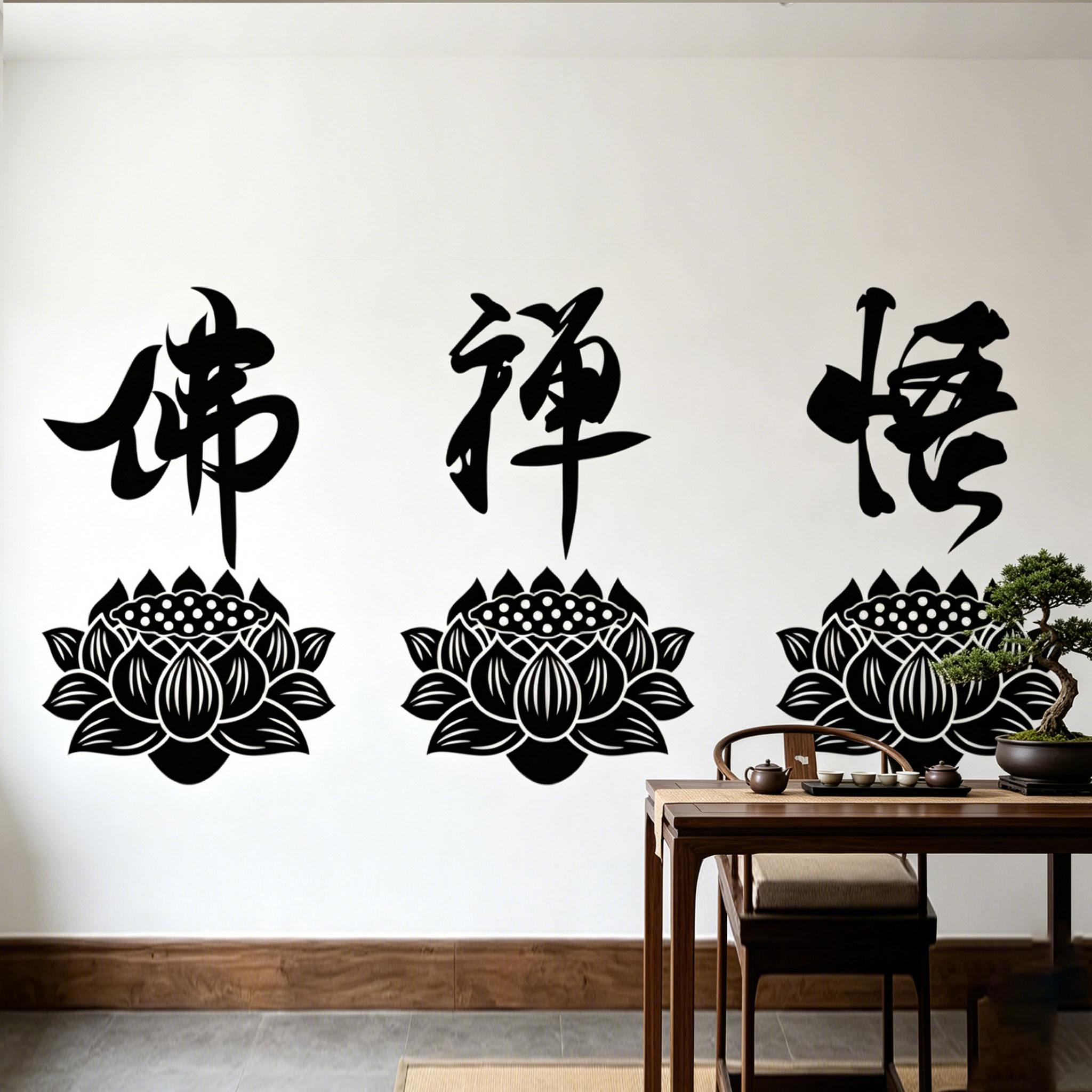 中国风佛字莲花禅意自粘墙贴