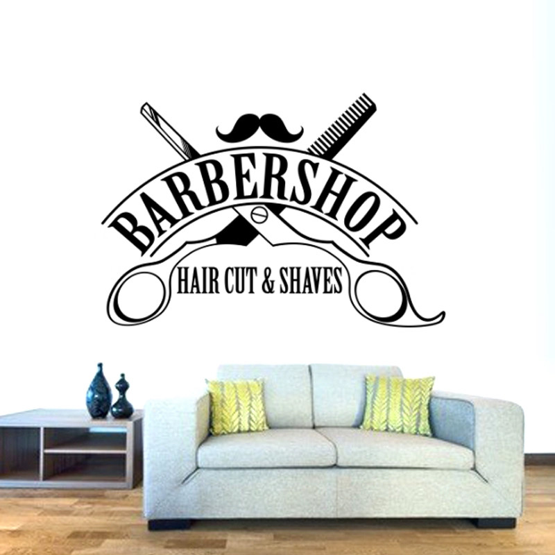 BARBERSHOP英文美发沙龙标志墙贴画剪刀理发店玻璃门窗装饰墙贴纸