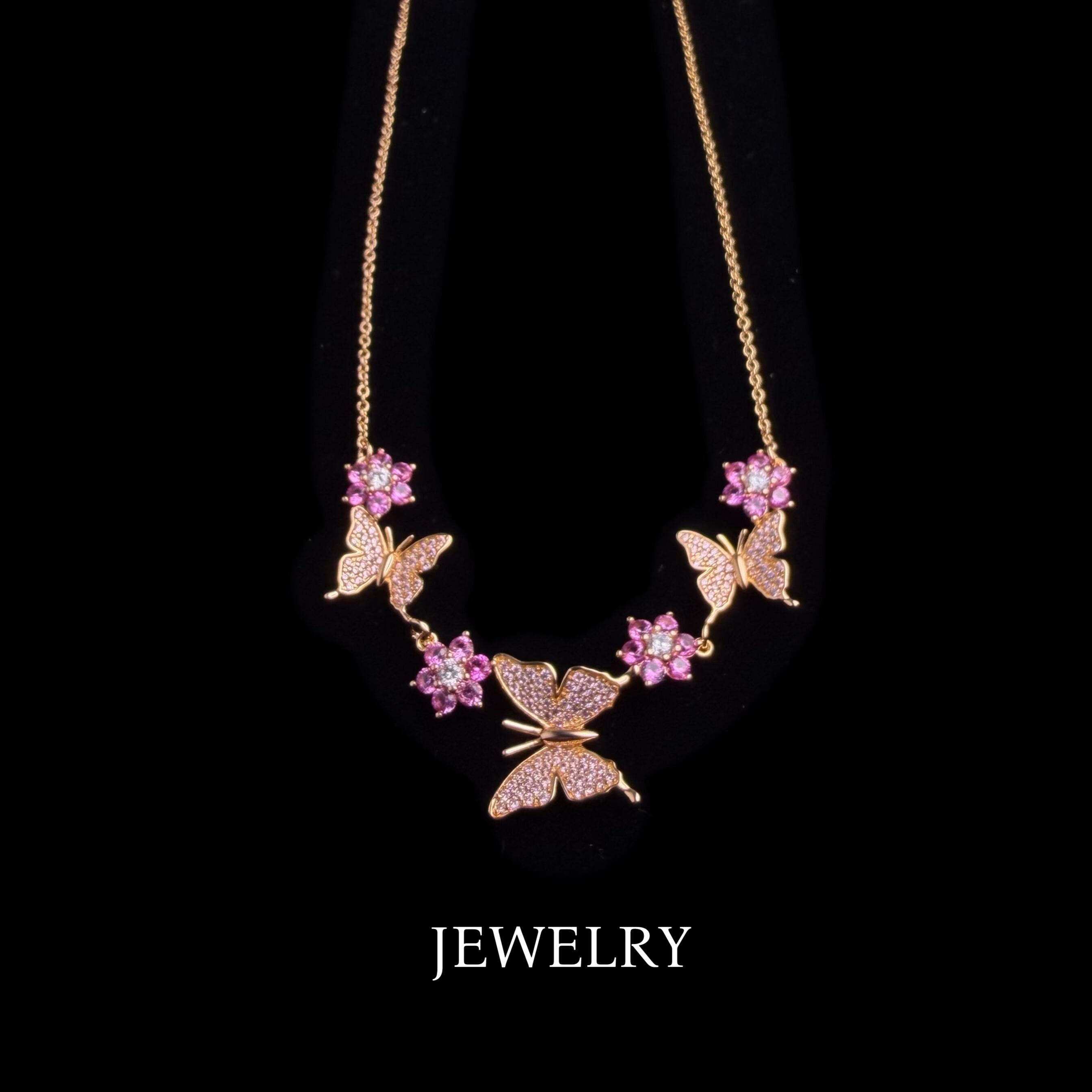 皇冠老店正品 玫瑰金色蝴蝶花朵锆石项链 CIM250042