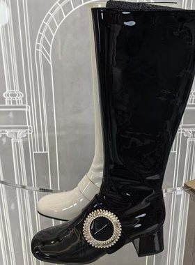 皇冠老店正品 SKP轻奢品牌断码撤柜 漆皮圆扣长靴女靴 CF815