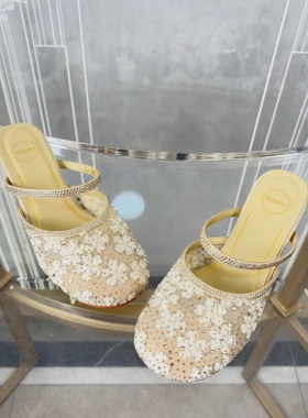 皇冠老店正品 SKP高奢品牌断码施华洛水钻蕾丝碎花拖鞋 T10099