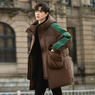 高端条纹设计羽绒服男中长款冬季加厚保暖大学生东北抗寒防风外套