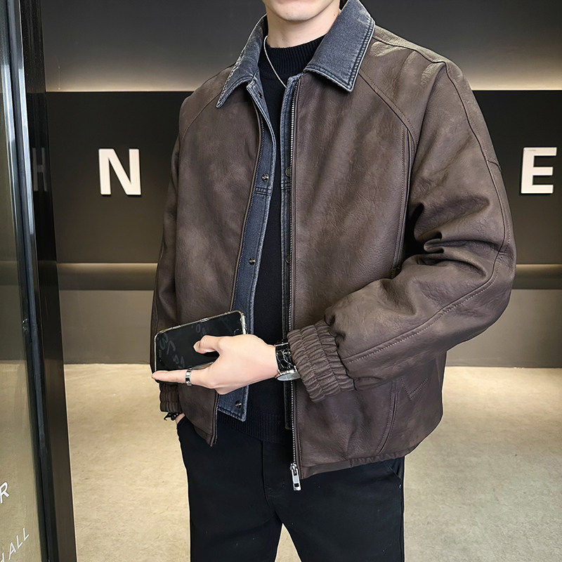 痞帅假两件PU皮羽绒服男冬季潮牌美式短款高级感牛仔拼接夹克外套