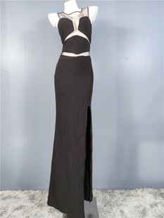 法式烂漫网纱透视拼接圆领露背开叉大长腿连衣裙派对晚装黑色礼服