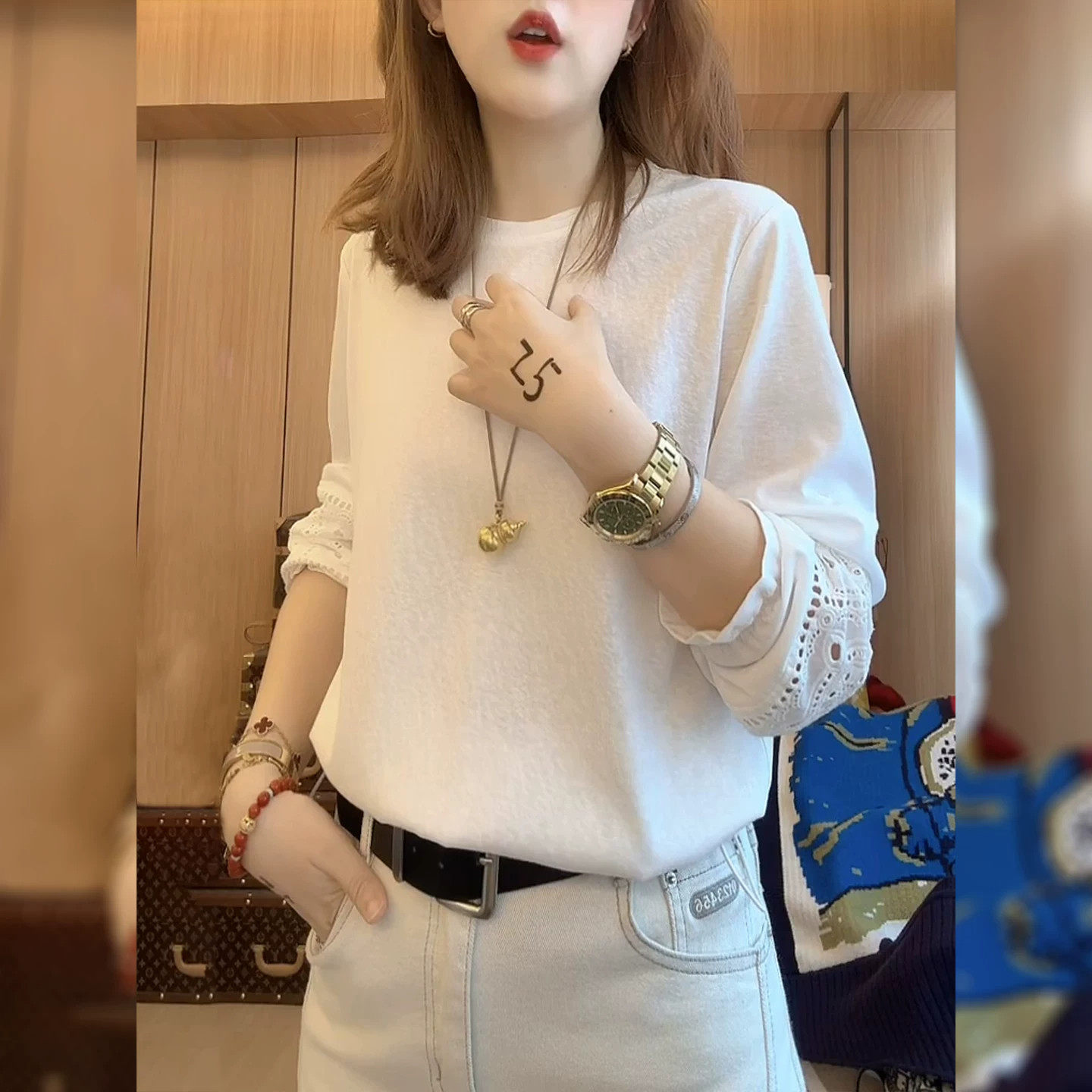 下摆抽绳白色长袖t恤女秋冬短款T恤