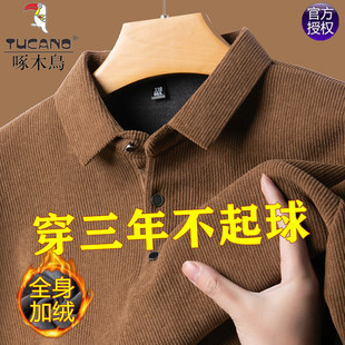 加绒翻领休闲宽松打底衫 新款 加厚上衣 欧棉绒t恤秋冬季 啄木鸟男士