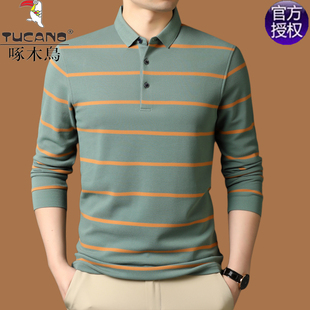 啄木鸟男士高档t恤长袖纯棉春秋款条纹带领polo衫爸爸春装上衣服