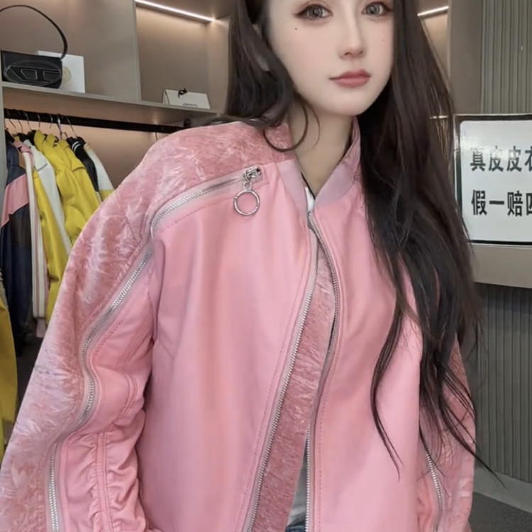 欧港妮2025春季新真皮皮衣女短款立领拉链皮夹克绵羊皮拼丝绒外套