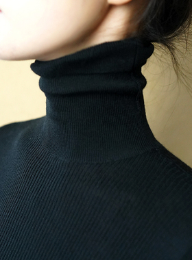 高领薄款长袖毛衣女修身堆堆领上衣秋装紧身天鹅领针织打底衫黑色