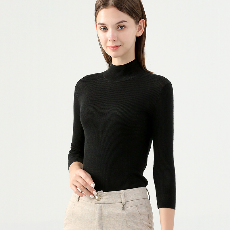 黑色螺纹秋季紧身七分袖打底衫薄