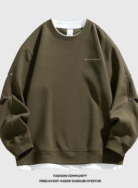 MYES牧野森/圆领卫衣宽松百搭纯棉打底衫潮牌套头重磅军绿色上衣