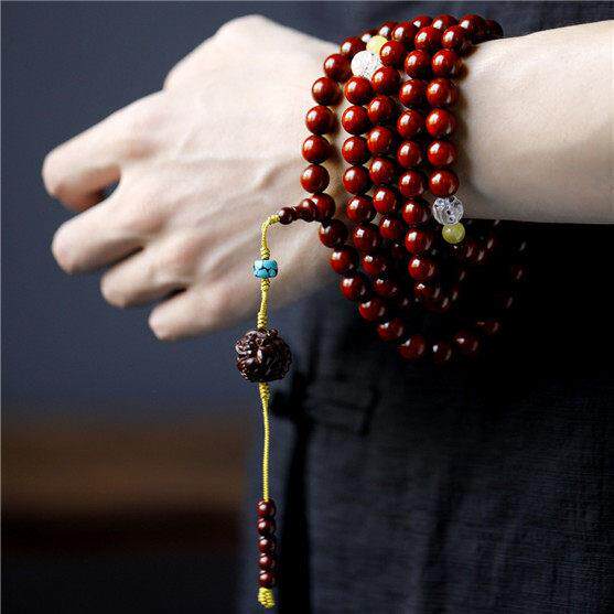 小叶紫檀手串鸡血红108颗檀木文玩木质佛珠1.0男女民族风手链