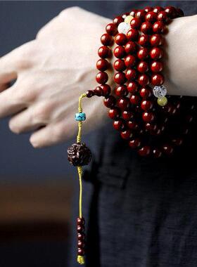 小叶紫檀手串鸡血红108颗檀木文玩木质佛珠1.0男女民族风手链