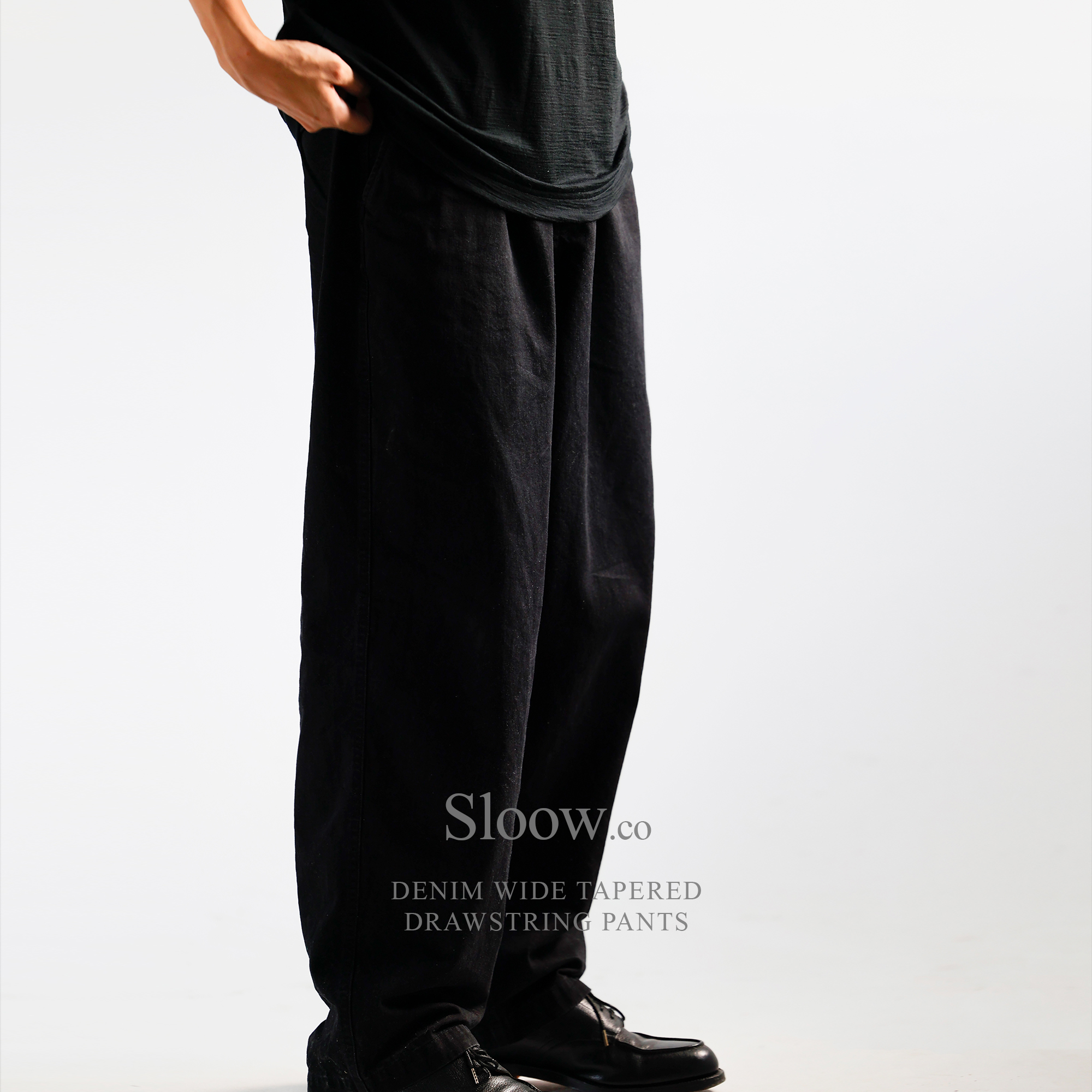黑色牛仔裤9oz宽松抽绳