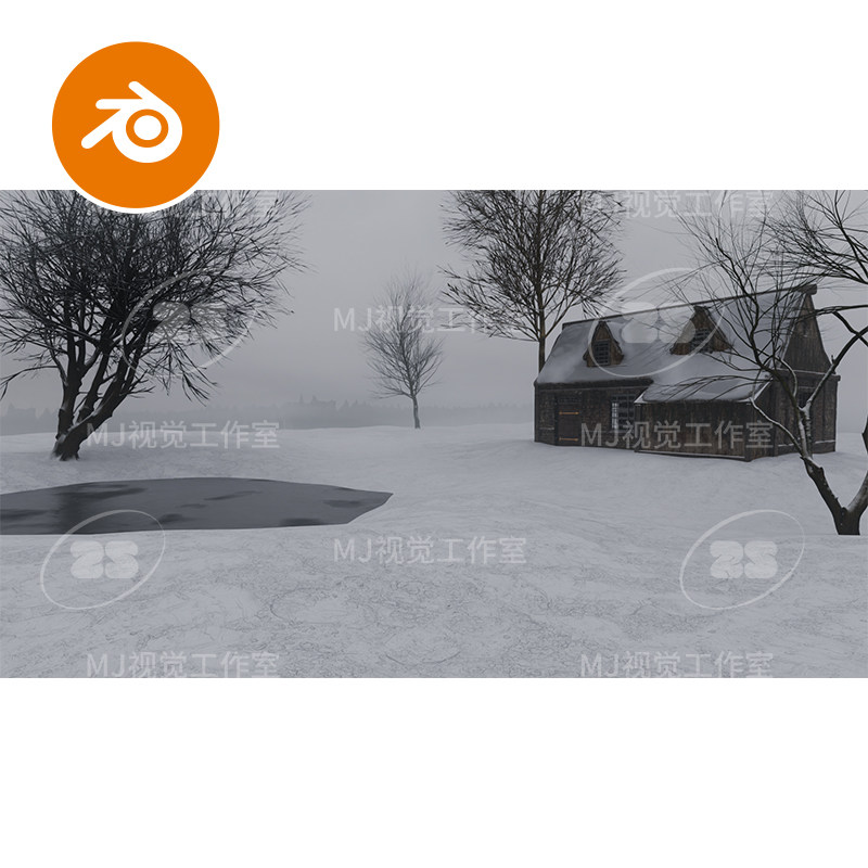 blender雪地木屋冬天枯树北方屋子房子模型建模素材渲染3176