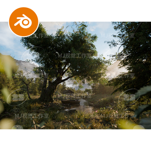 blender户外植物草地森林小溪小河木屋大树树林河流自然模型3159