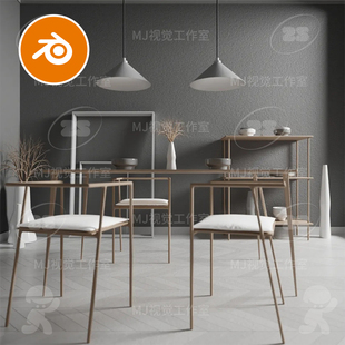 Blender简单餐厅桌子凳子室内场景包间模型建模素材渲染3256