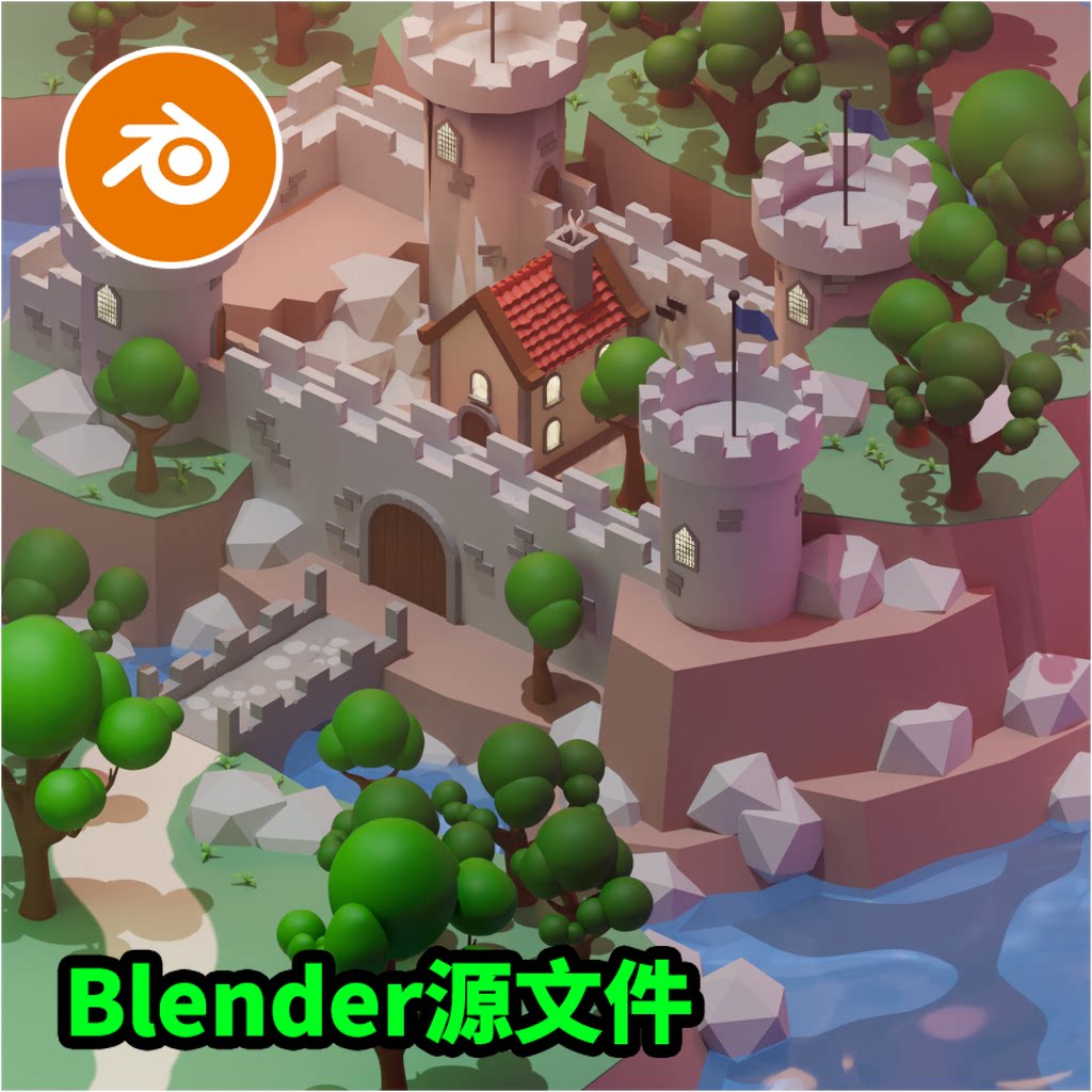 Blender低聚卡通城堡王国宫殿堡垒文件下载渲染材质模型建模3627
