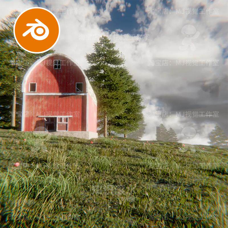 Blender乡村农村草地屋子房子童话场景模型建模素材渲染2344