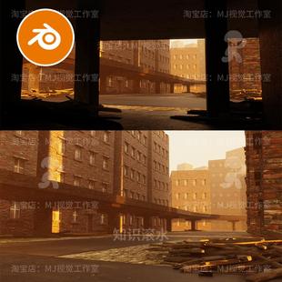 blender废墟末日城市红砖楼街道高架桥模型建模夕阳素材渲染2446